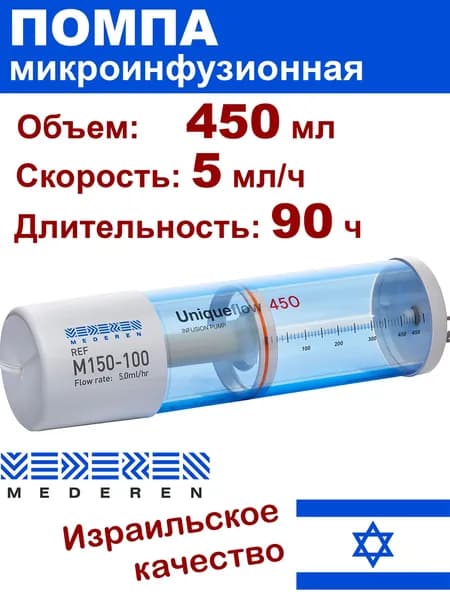 Микроинфузионная помпа Mederen 450 мл, 5 мл/час, шприцевая инфузионная помпа UniqueFLow стерильная одноразовая эластомерная без болюса для химиотерапии