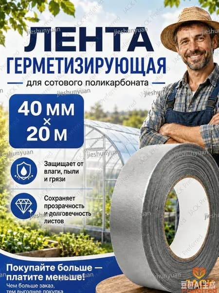 Гермолента для поликарбоната 40 мм 20 м: лента герметизирующая из бутилкаучука для теплицы, гидроизоляция, УФ-стойкость