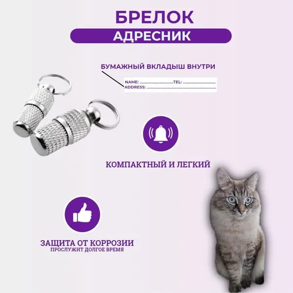 Адресник-капсула для собак и кошек - на ошейник (брелок, медальон) открывающийся, стильный, герметичный, металлический, , под записку