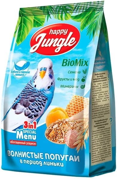 Корм для птиц HAPPY JUNGLE для волнистых попугаев в период линьки (500 гр)