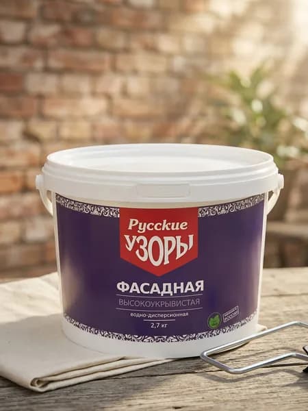 Краска фасадная водно-дисперсионная Русские узоры, полиакриловая, матовая, белая, 2.7 кг