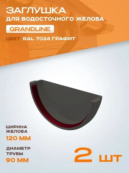Заглушка для желоба водостока GRAND LINE 120 мм пластик ПВХ, цвет графит (RAL 7024), Гранд Лайн, Классика, 2 шт.