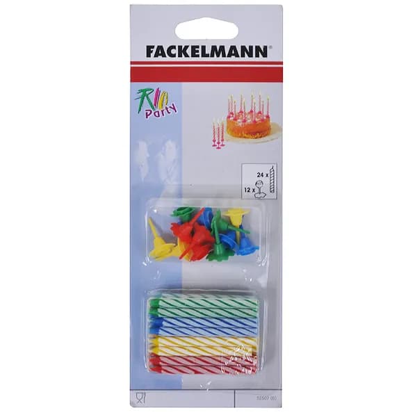 Свечи для торта FACKELMANN 24 штуки с 12-ю подставками, свечки праздничные с днем рождения