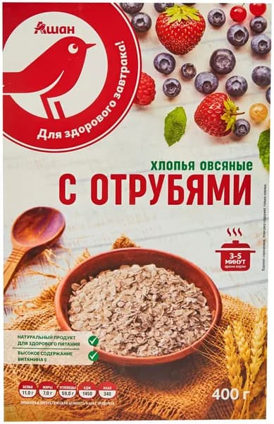 Хлопья овсяные АШАН Красная птица с отрубями, 400 г