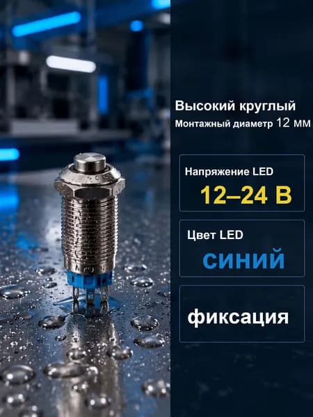 1 шт. 12-24 В 12 мм водонепроницаемая вандалоустойчивая металлическая кнопка, синяя кольцевая подсветка, высокая головка, самоблокирующаяся