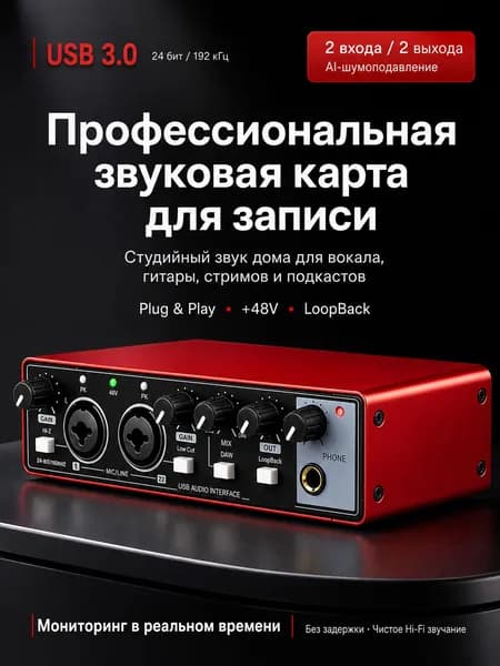 Внешняя звуковая карта USB 24 бит/192 кГц с шумоподавлением, аудиоинтерфейс для записи вокала