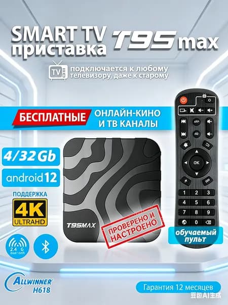 Медиаплеер T95 MAX 4/32 ГБ (Alwinner H618) ТВ приставка Android 12, Смарт ТВ приставка для телевизора