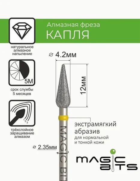 Magic Bits Фреза Алмазная капля педикюрная с натуральным напылением ЭКСТРАМЯГКОГО абразива