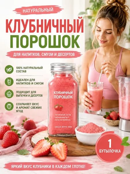 1 бутылка/Порошок клубники натуральный растворимый для напитков, смузи, молочных коктейлей и чая, 100% ягода, без сахара