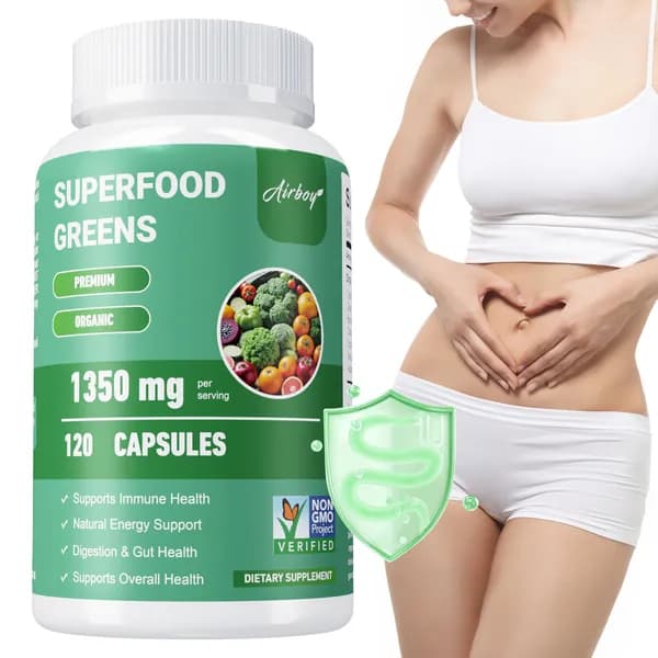 Биологически активные добавки Airboy Superfood Greens разработаны для поддержания иммунитета, естественного уровня энергии, пищеварения и здоровья кишечника.