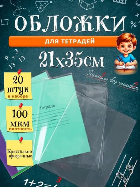 Обложки для тетрадей прозрачные, 21х35 см, толщина 100 мкм, 20 шт