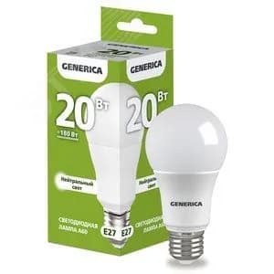 Лампа светодиодная A60 груша 20Вт 230В 6500К E27 GENERICA