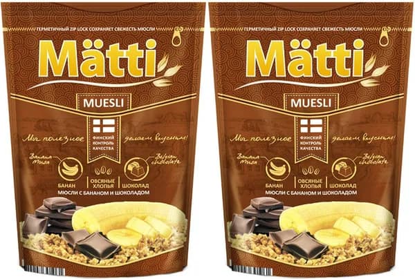 Мюсли Matti овсяные хрустящие гранола с бананом и шоколадом, комплект: 2 упаковки по 250 г