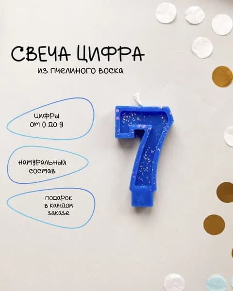 Свеча для торта цифра, цифра 7, 1 шт, цвет синий