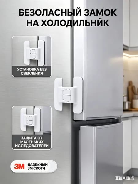 Замок на холодильник от детей и животных - детский ограничитель открывания дверей и ящиков без сверления, защитный фиксатор на липучке
