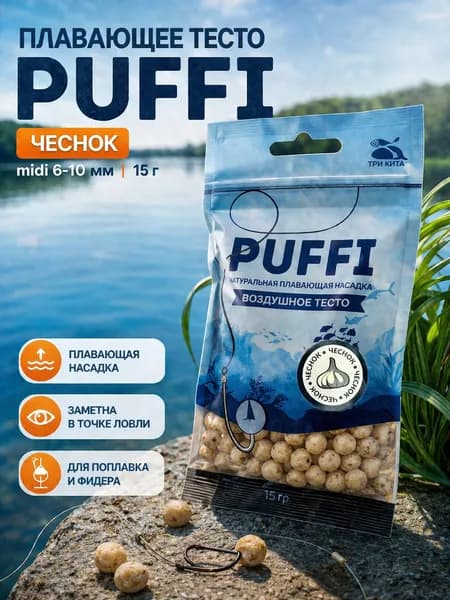 Воздушное тесто для рыбалки PUFFI MIDI, Чеснок, 15 г - плавающая насадка 6-10 мм для карася, карпа, леща