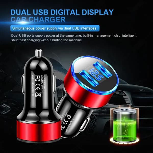Автомобильное зарядное устройство с двумя USB-портами и цифровым дисплеем, красное