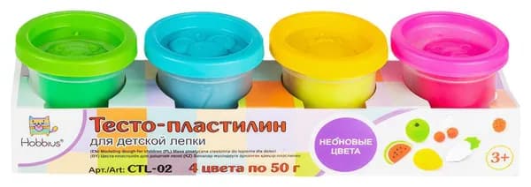 Hobbius Тесто-пластилин для детской лепки 50 г 4 цв. Неон CTL-02