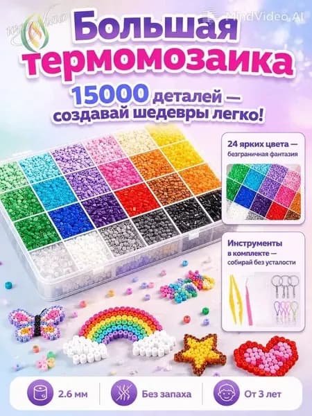 Термомозаика - набор для творчества. 24 цвета. Фасоль с одной веточкой 2.6мм,15000зерен.Развивающие игрушки от 3 лет, подарок для девочки и мальчика Отправить набор инструментов