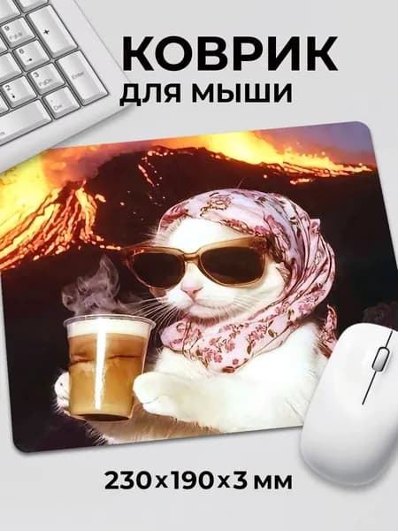 Коврик для мышки прикол мем "Котик в очках с кофе в платочке"
