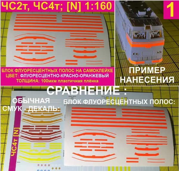 Блок сигнальных полос на самоклейке для моделей локомотивов ЧС4т, ЧС2т, ЦВЕТ: Флуоресцентно-Красно-Оранжевый; Масштаб N, 1:160. Блок№1