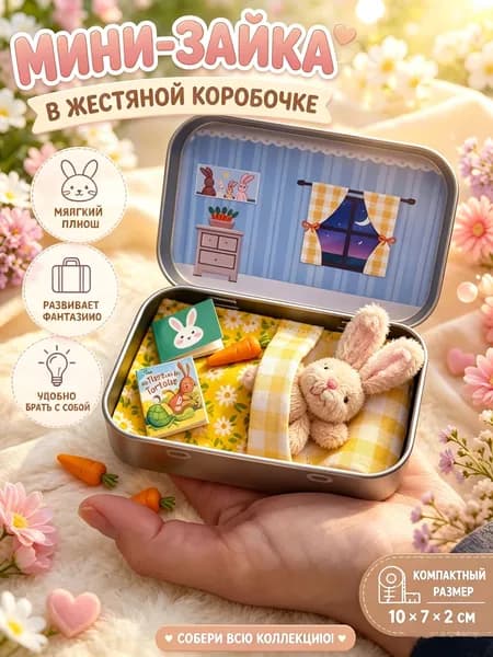 Плюшевый миниатюрный кролик из жестяной коробки