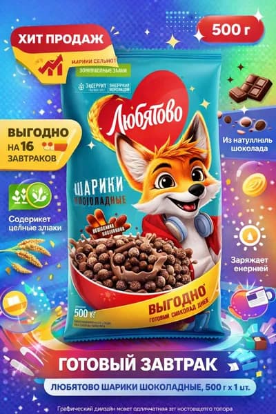 Готовый завтрак ЛЮБЯТОВО Шарики шоколадные, 500г