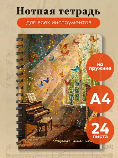 Тетрадь для нот. Комната с бабочками (24 л., А4, вертикальная, навивка)