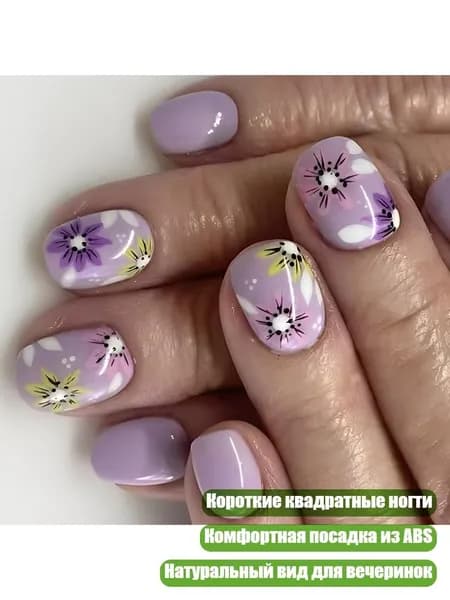 24 шт. короткие квадратные ногти с фиолетовым цветочным дизайном