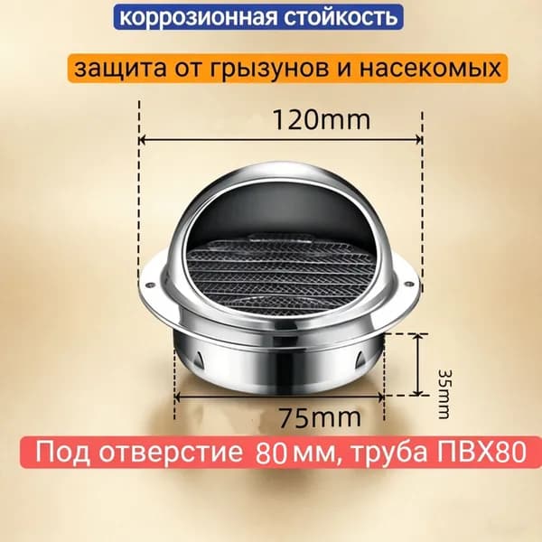 Вентиляционная решетка из нержавеющей стали 304, круглая, с капюшоном, для 80 мм трубы, антимоскитная сетка