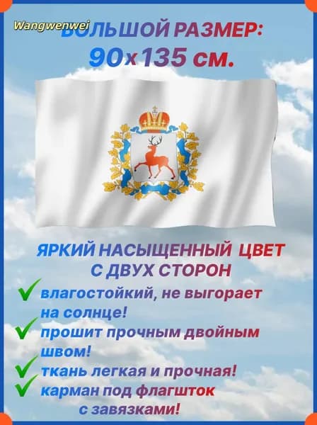 Флаг Нижегородской области, большой размер 90х135 см. для дома и улицы с карманом под флагшток
