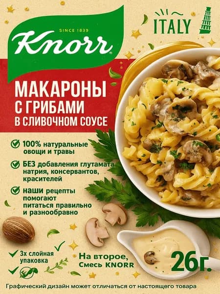 Смесь KNORR На второе Макароны в сливочном соусе с грибами, 26г