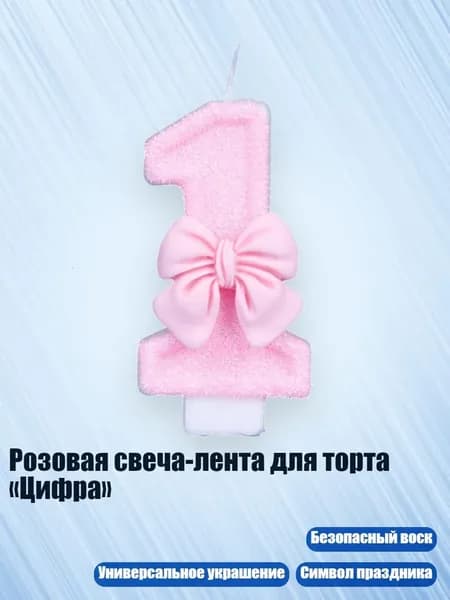 Розовая свеча-лента для торта Цифра , - 1