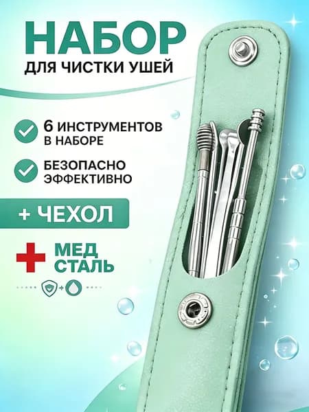 Набор для чистки ушей из медицинской стали, 6 предметов с чехлом
