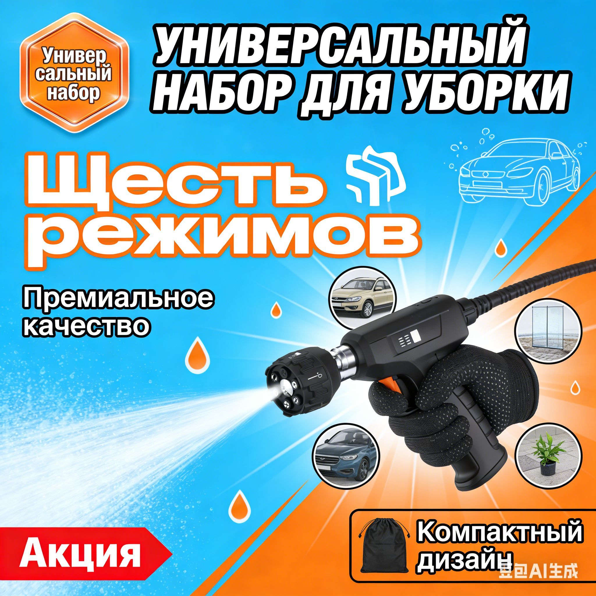 Насадка для автомойки 6 режимов, переключаемый распылитель для мойки высокого давления 1/4 дюйма