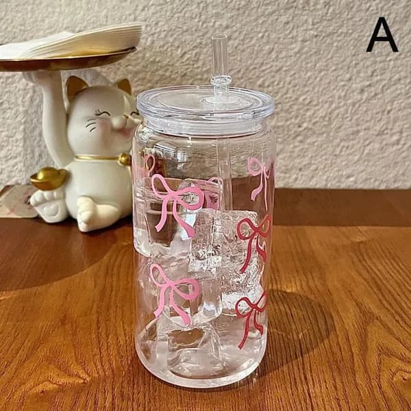 прозрачного стекла Tumbler розовый лук цветок наклейки напиток сок чашка