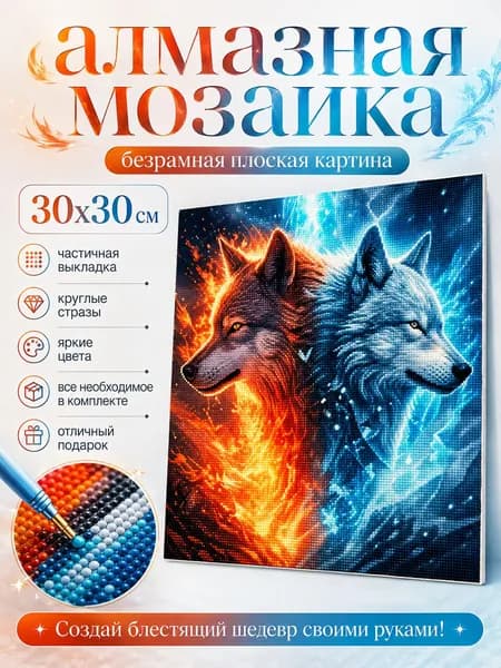 Алмазная мозаика "Портрет тотемного животного волки" с круглыми бриллиантами и стразами, 30х30 см размер холста