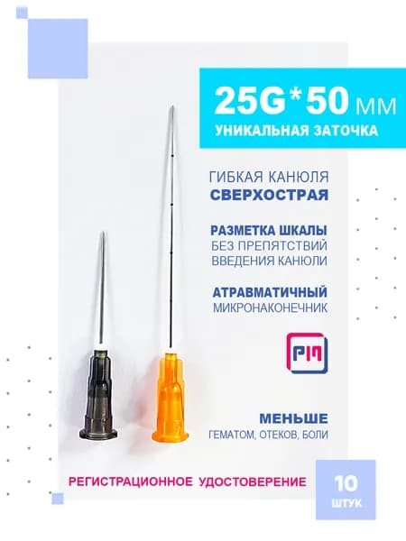 Игла медицинская инъекционная (канюля) 25G x 50 мм, 10 шт