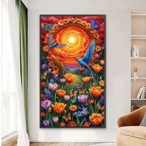 Диамантная картина Цветы и птицы 40 70 см, 5D, с резиновыми стразами