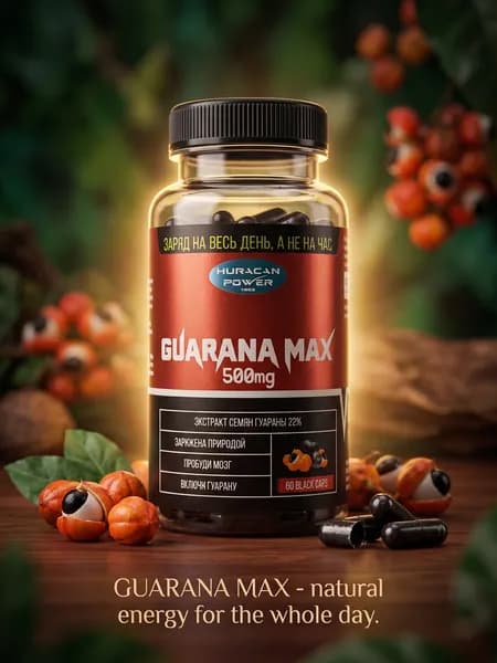Гуарана экстракт 500 мг Huracan Power Guarana extract 500 mg, 60 капсул / для повышения работоспособности, витамины для похудения