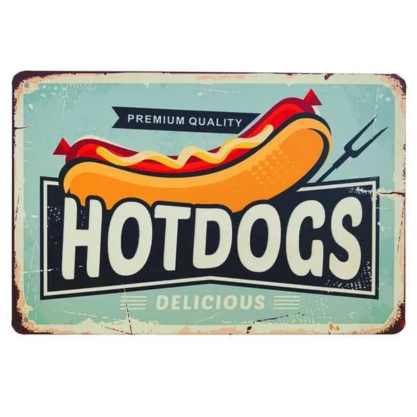 Металлическая табличка HD в винтажном стиле для декора стен в стиле фастфуда и барбекю: ретро-изображение гамбургера, хот-дога, сыра, колбасы для кухни, закусочной, ресторана.