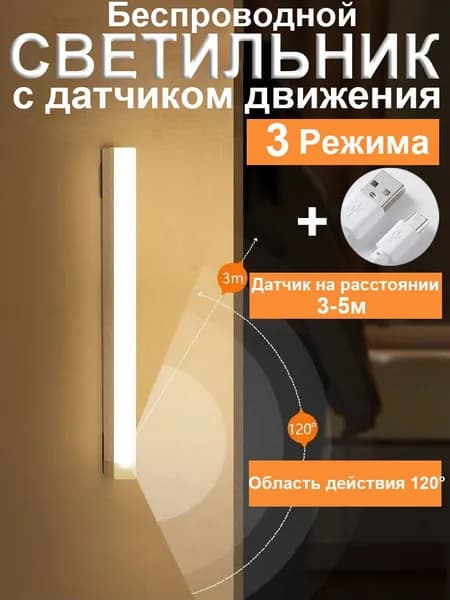 Умный LED Ночник с датчиком движиния и света , Тепло-белый свет,беспроводной, перезаряжаемый,