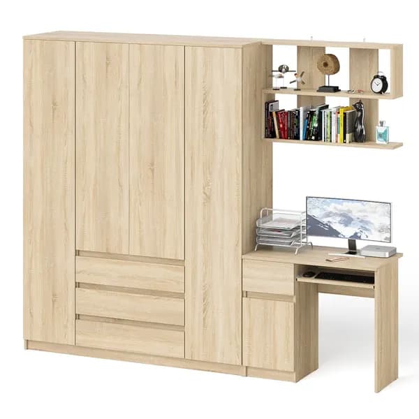 Четырёх-дверный шкаф-комод Мори МШ1600.1 с компьютерным столом МС-1 тумба слева и верхней полкой цвет дуб сонома