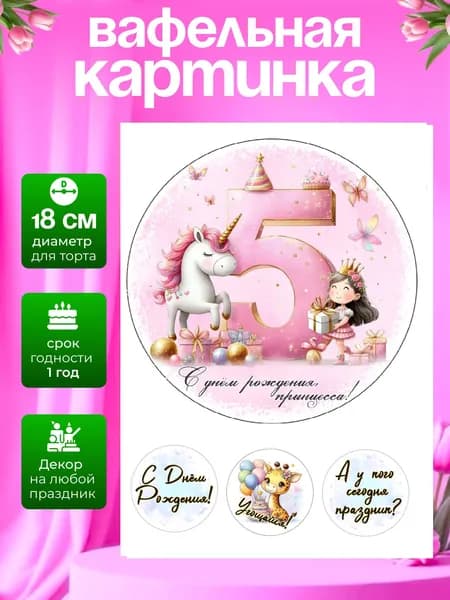 Украшение для кондитерских изделий. Вафельная картинка на день рождения девочке