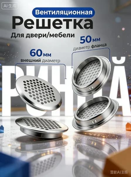 Решетка вентиляционная для двери / Вентиляция металлическая, Прозрачный цвет, круглая, для мебели / Воздуховод на дверь, 50 мм, 4 шт. вытяжное устройство