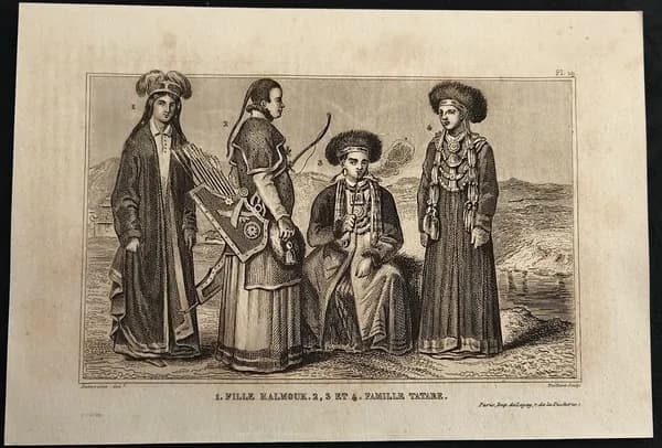 Антикварная гравюра. Костюм калмыков и татар 1846 год.