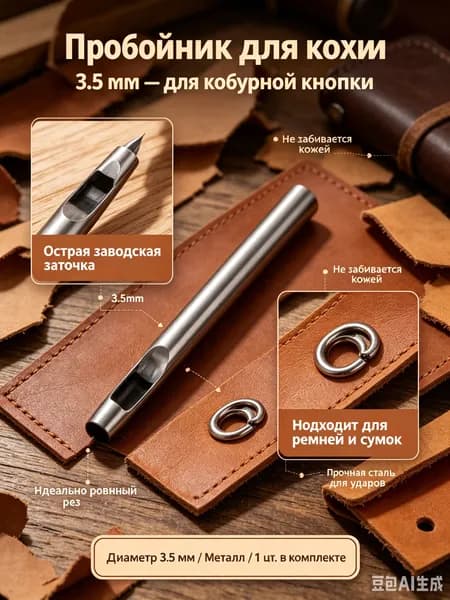 Пробойник для кожи кобурный 3.5 мм, дырокол круглый металлический для ремней и сумок, ручной инструмент для установки фурнитуры, 1 шт.