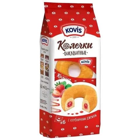 Пирожное бисквитное KOVIS Колечки с клубничным джемом, 240 г, пакет (7439)