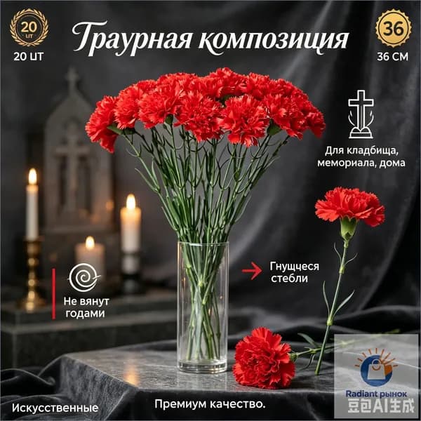 Траурная композиция 20 гвоздик, искусственные цветы 36 см, для могилы и мемориала.