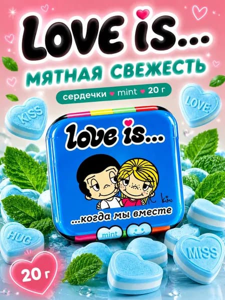 Конфеты освежающие Love is, в форме сердца, со вкусом мяты, 20 г (1шт)